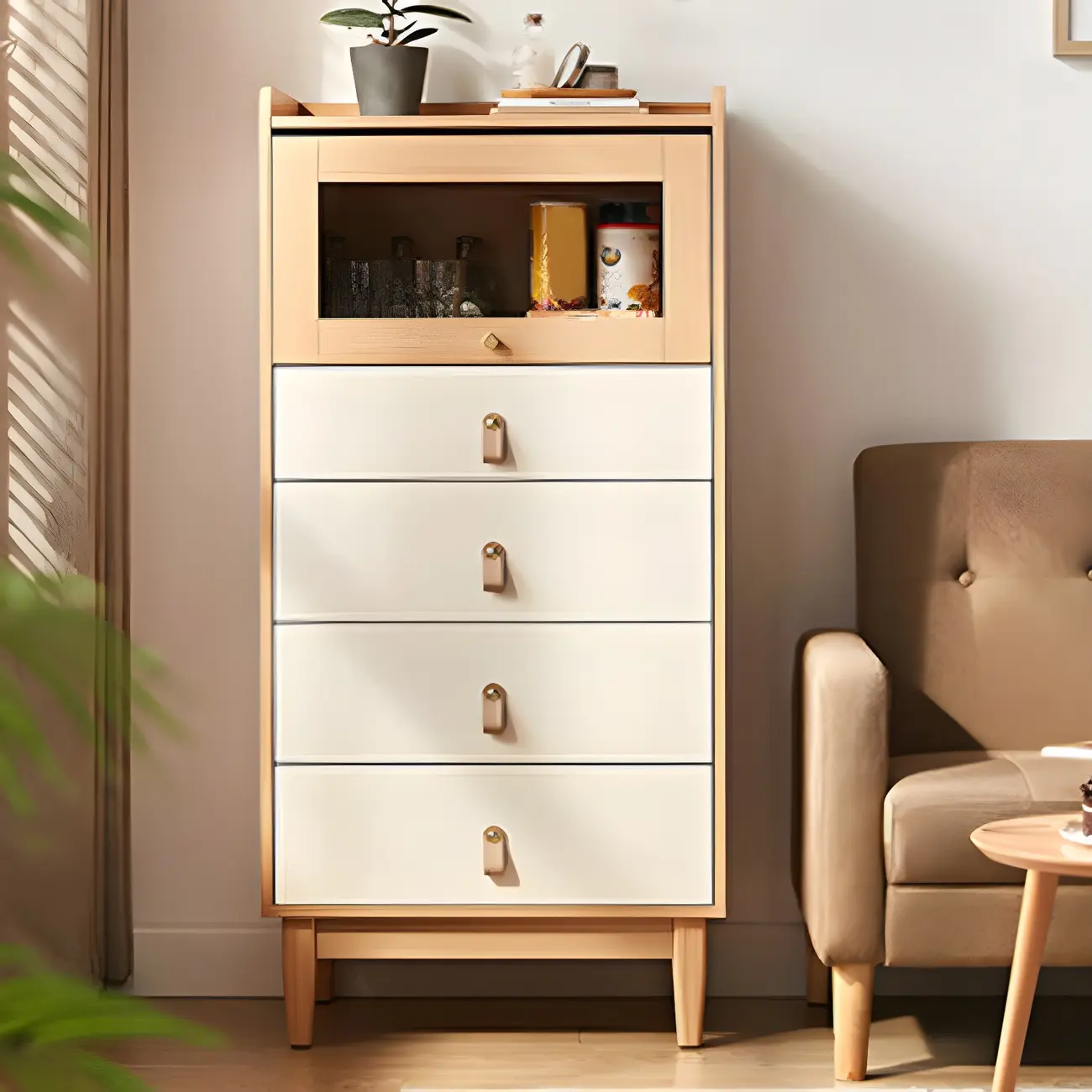 Minimalist Natural Wooden Vertical Dressers with Glass Doors Image - 5 | homeyfad