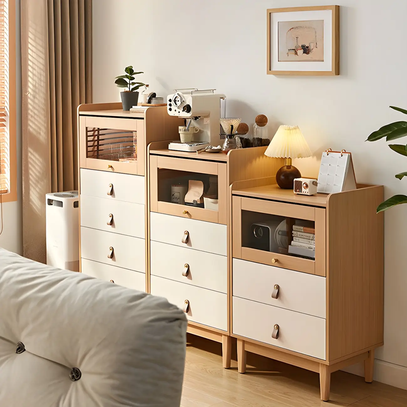 Minimalist Natural Wooden Vertical Dressers with Glass Doors Image - 7 | homeyfad