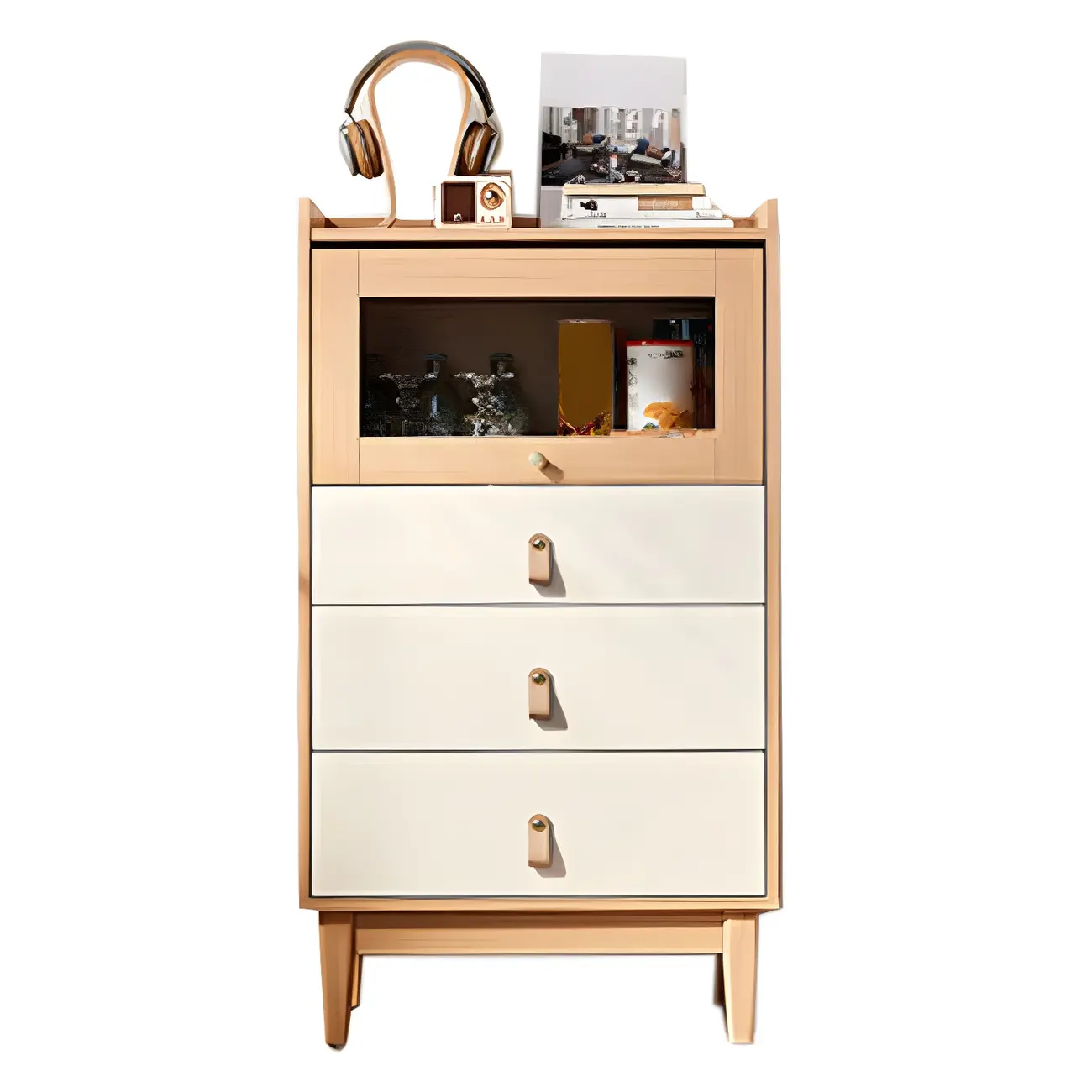 Minimalist Natural Wooden Vertical Dressers with Glass Doors Image - 8 | homeyfad