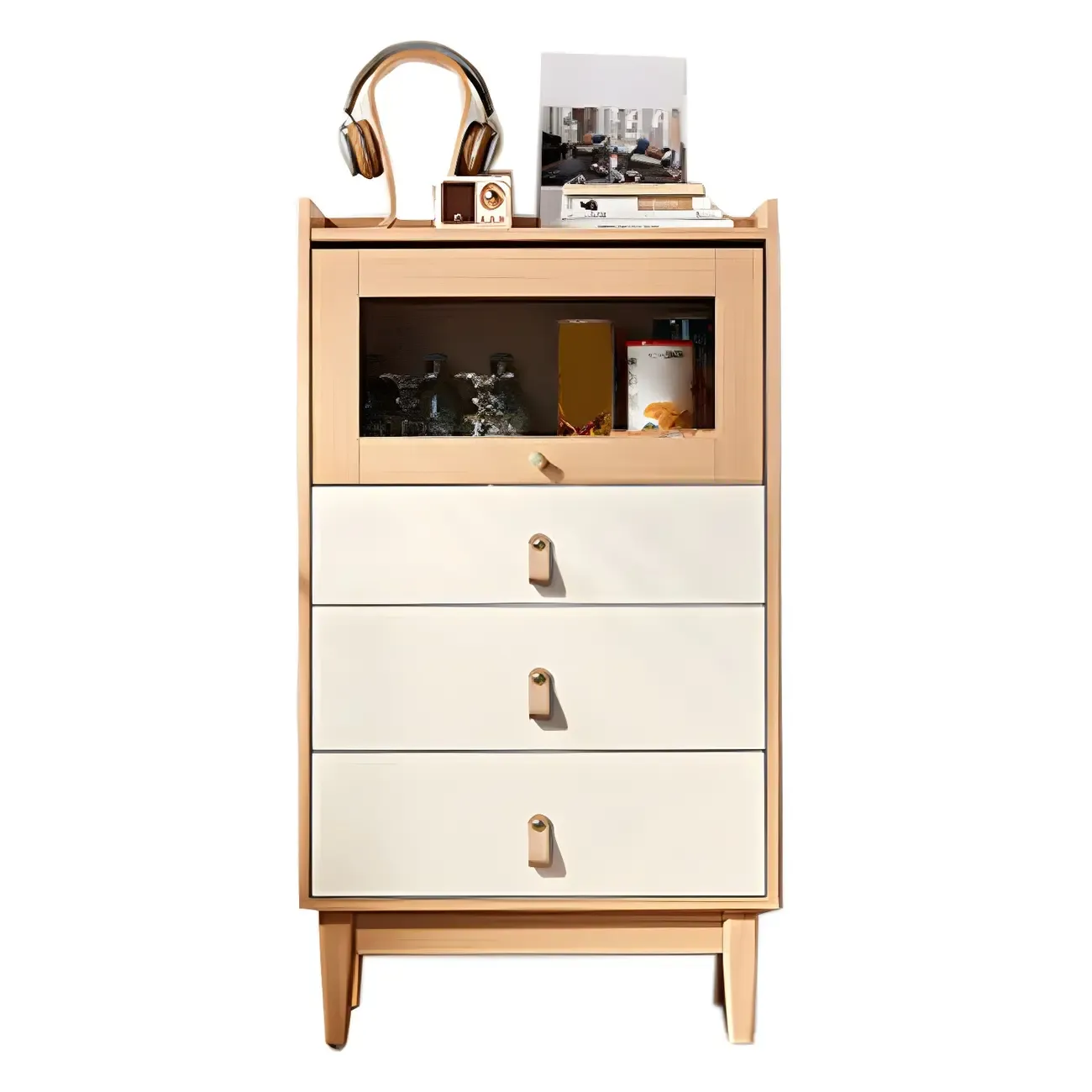 Minimalist Natural Wooden Vertical Dressers with Glass Doors Image - 8