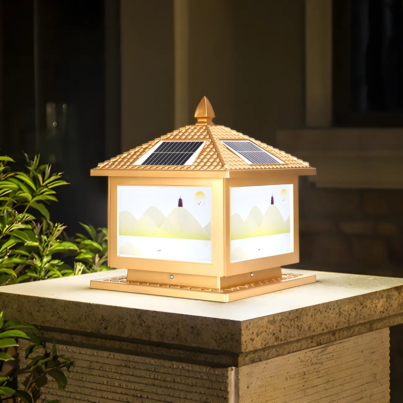 House-Shape Gold Square Solar Outdoor Post Lights | homeyfad