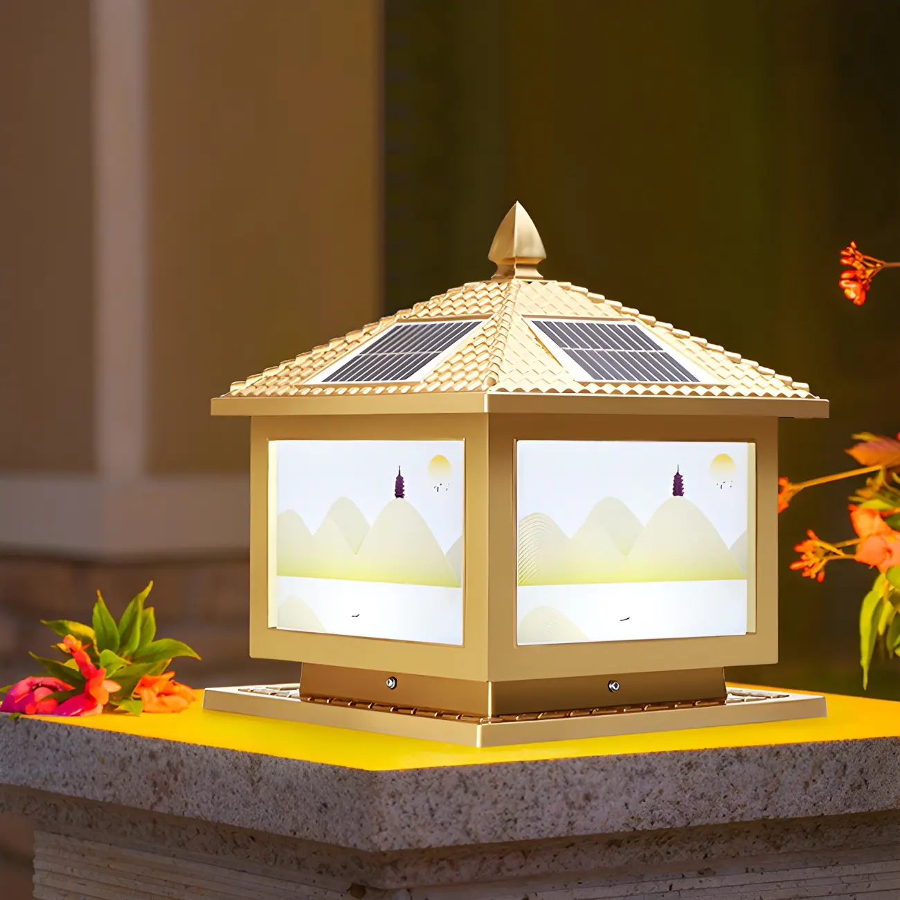 House-Shape Gold Square Solar Outdoor Post Lights | homeyfad