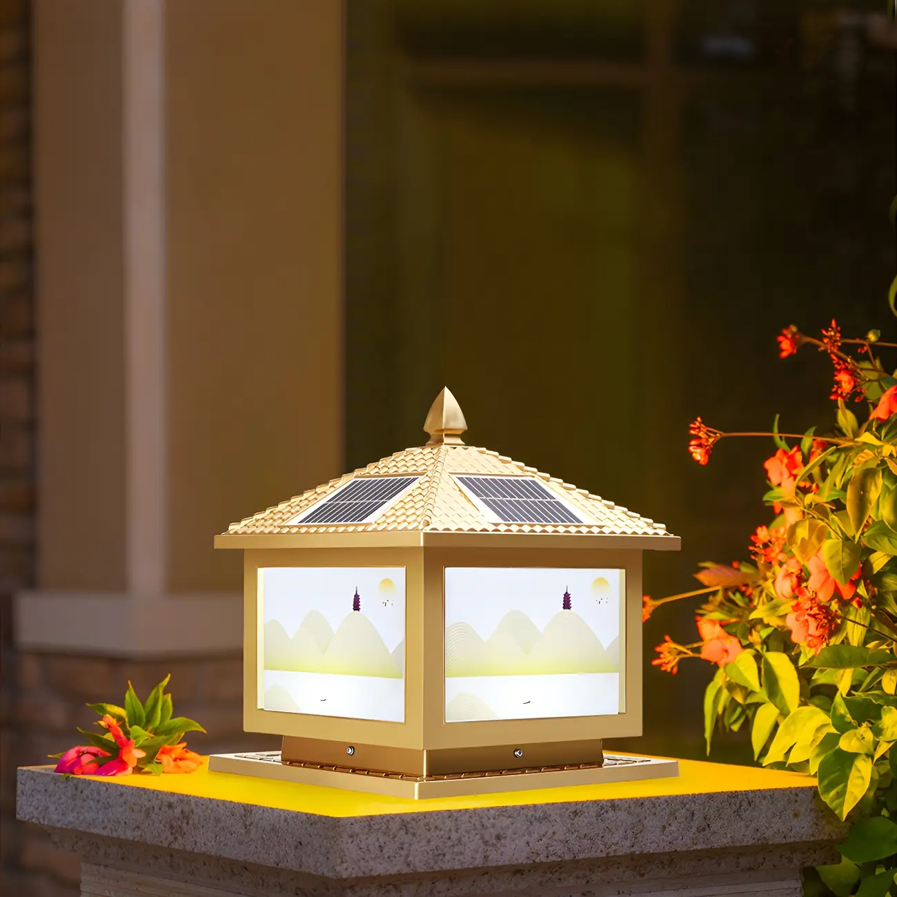 House-Shape Gold Square Solar Outdoor Post Lights | homeyfad