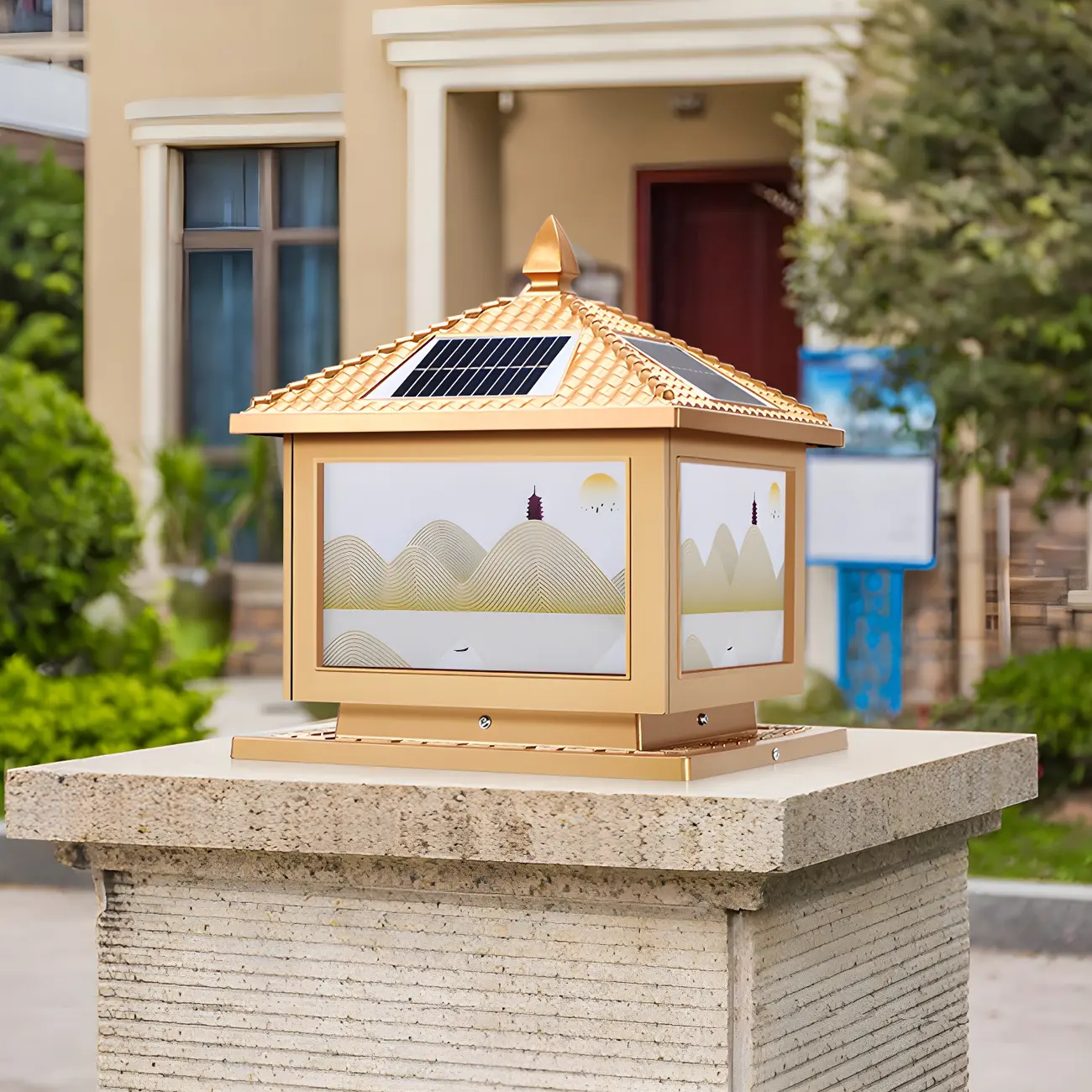 House-Shape Gold Square Solar Outdoor Post Lights | homeyfad
