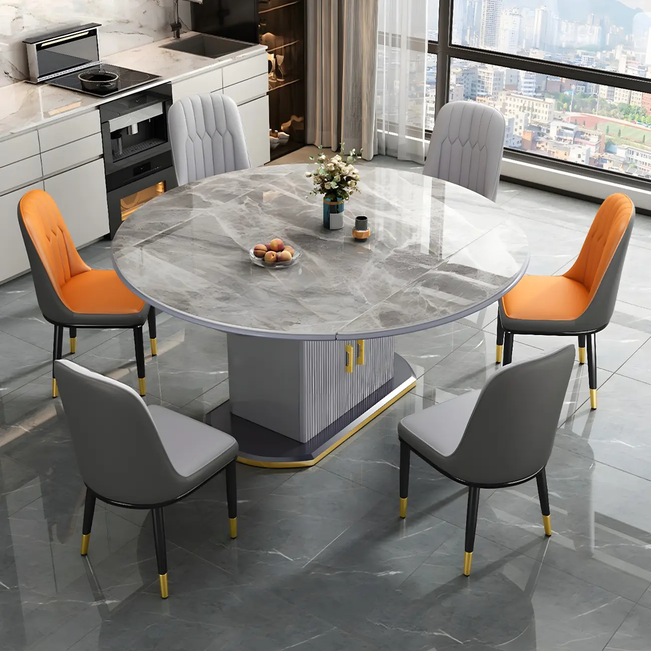 Gray Stone Extendable Storage Pedestal Dining Table Image - 1 | homeyfad
