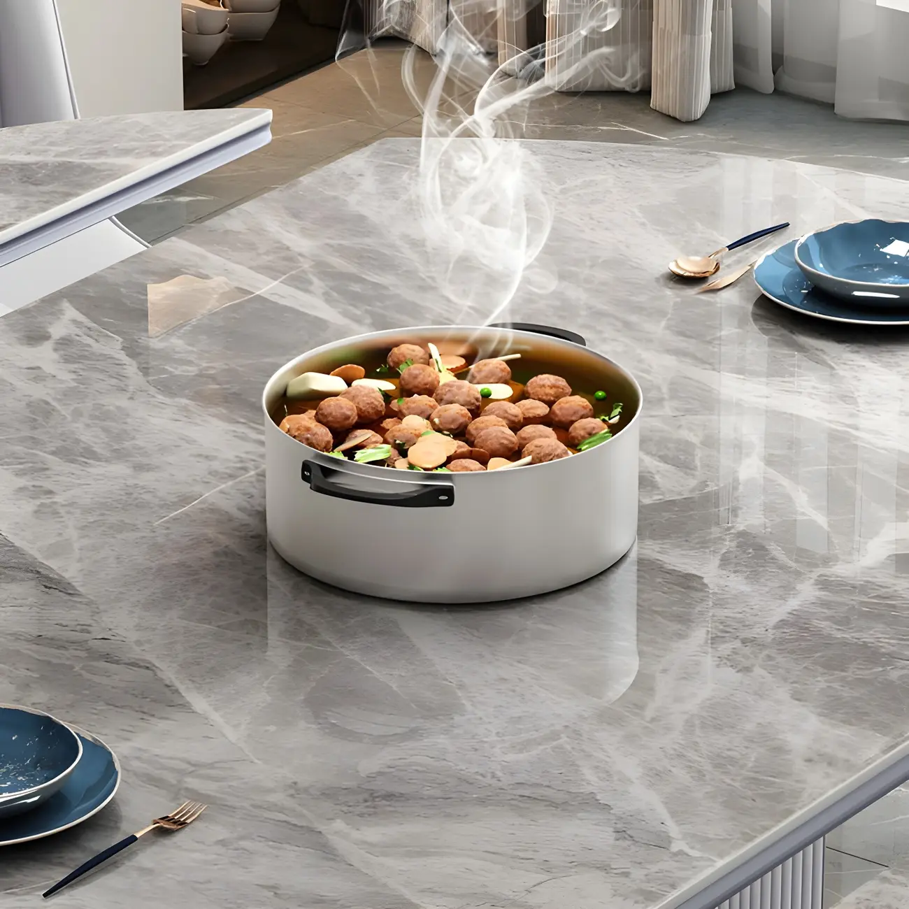 Gray Stone Extendable Storage Pedestal Dining Table Image - 2 | homeyfad