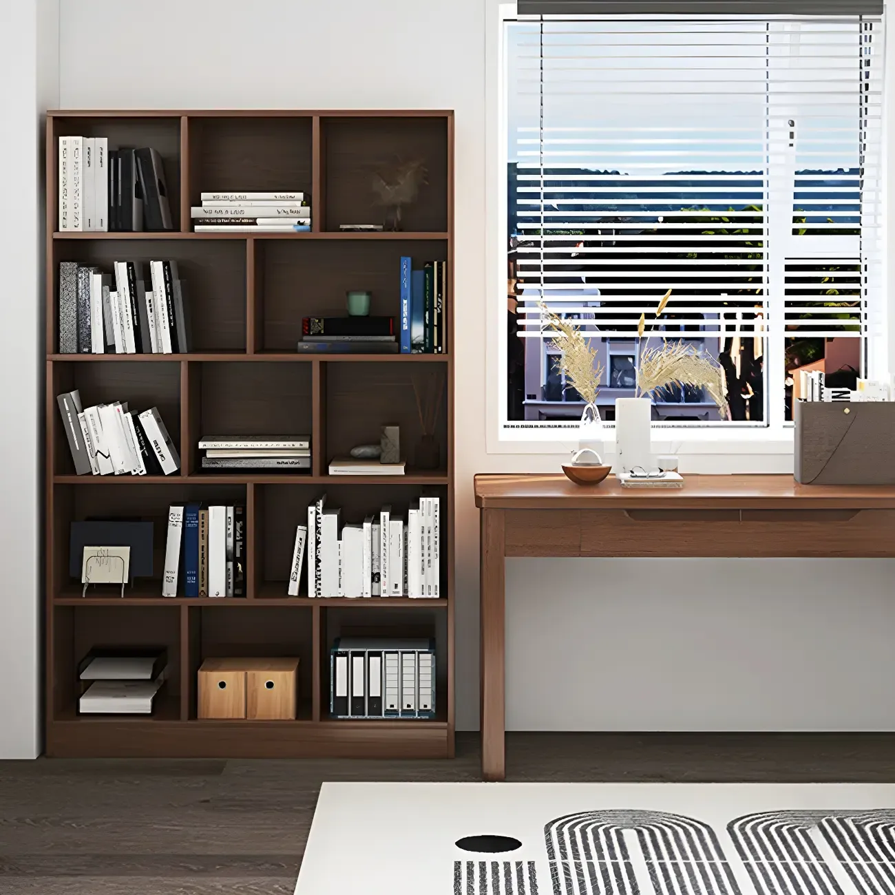 Modern 5-Tier Ladder Closed Back Oak Wood Bookcase Image - 1