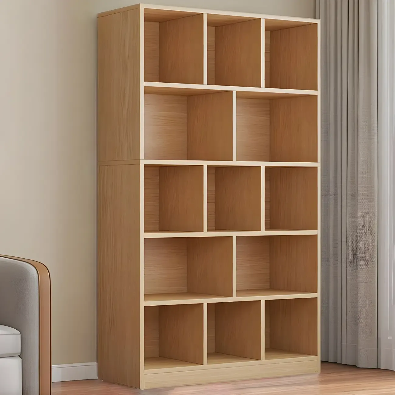 Modern 5-Tier Ladder Closed Back Oak Wood Bookcase Image - 23