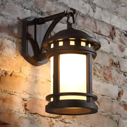 Rustic Black Metal Cylinder Glass Outdoor Wall Lantern Light