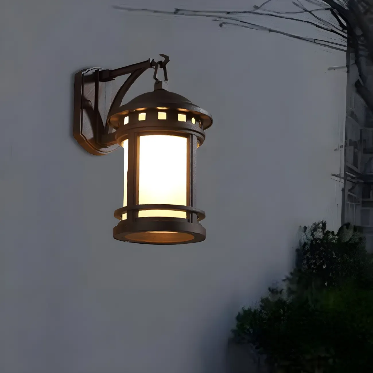 Rustic Black Metal Cylinder Glass Outdoor Wall Lantern Light