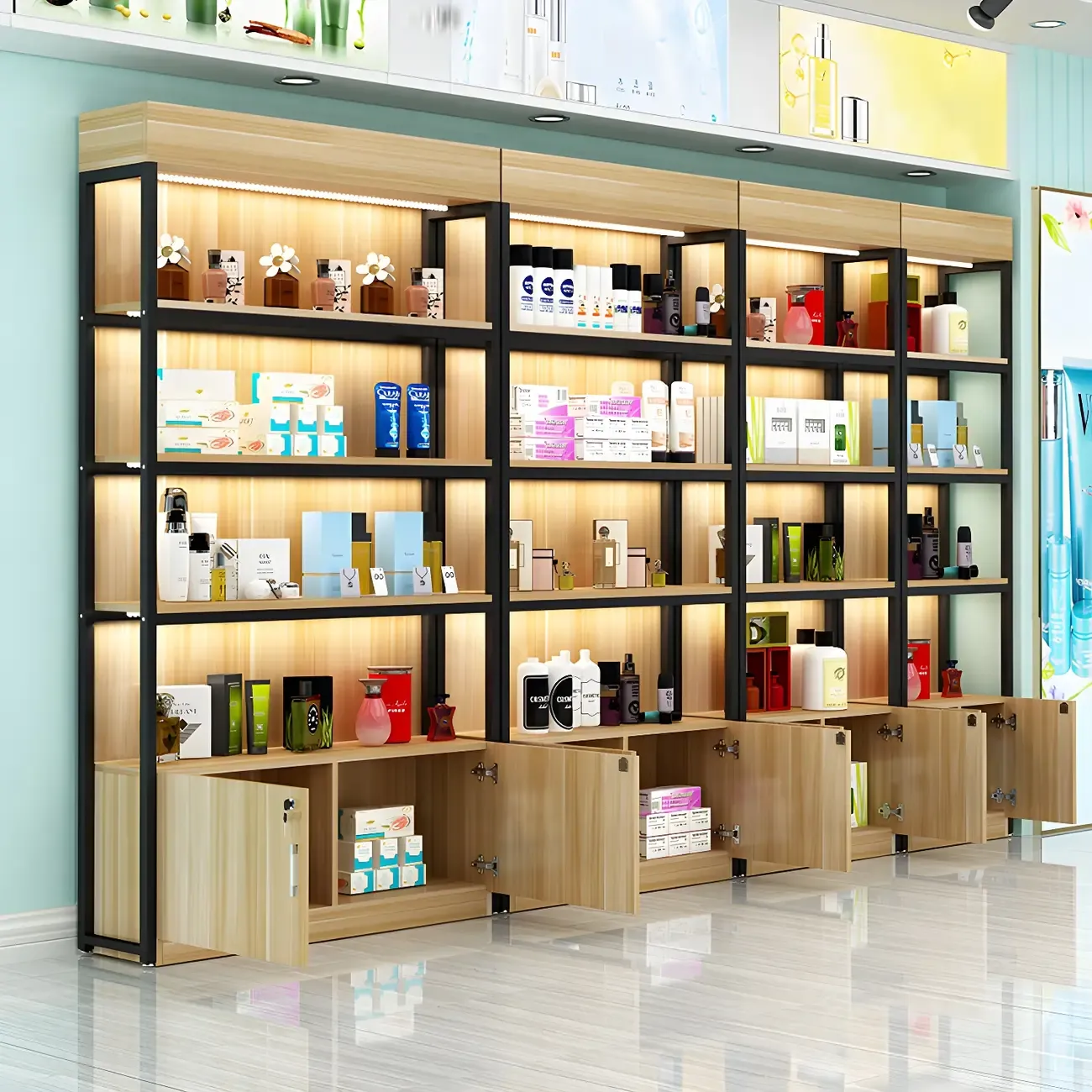 Modern Wood Open Multi-Shelf Large Display Cabinet Image - 1