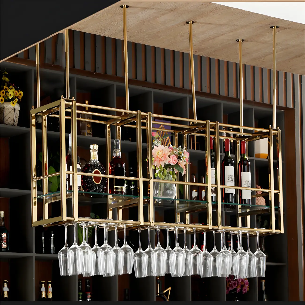 Glam Gold Metal Large Hanging Wine Rack Image - 1 | homeyfad