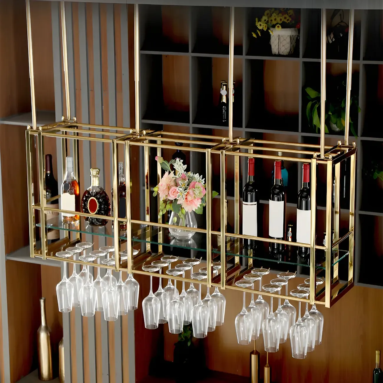 Glam Gold Metal Large Hanging Wine Rack Image - 5