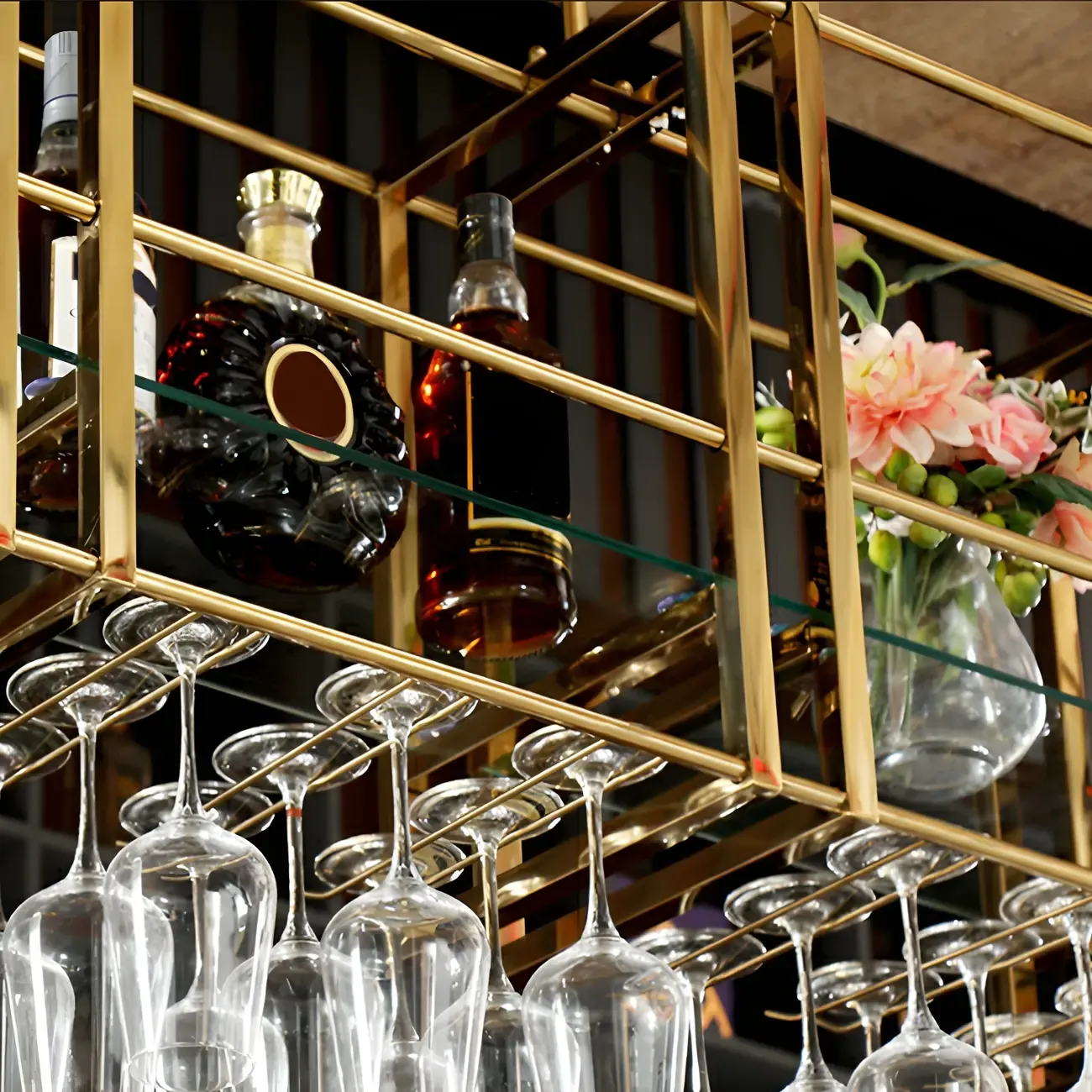 Glam Gold Metal Large Hanging Wine Rack Image - 10