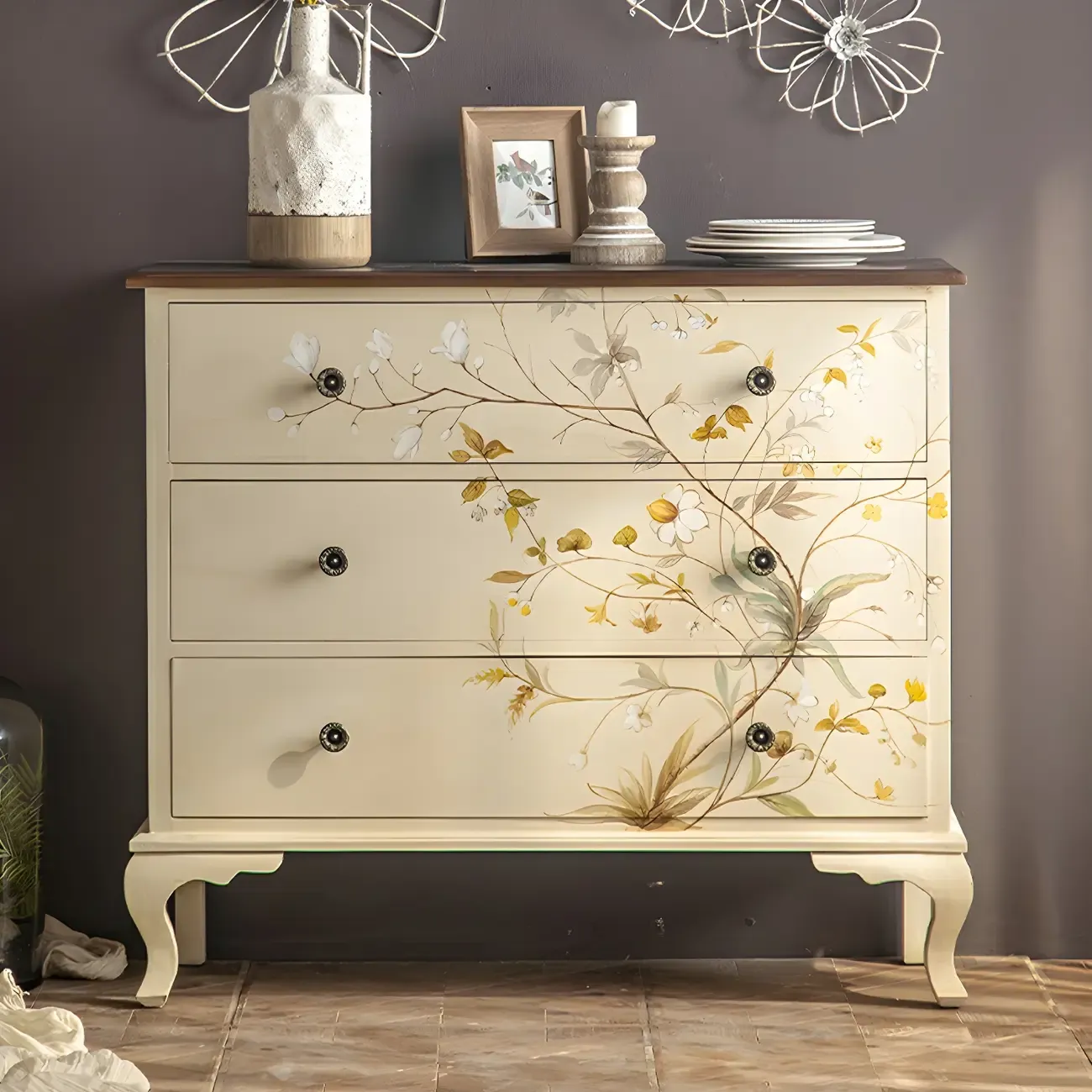 Traditional Floral Wooden Dresser with Drawers for Bedroom Image - 2