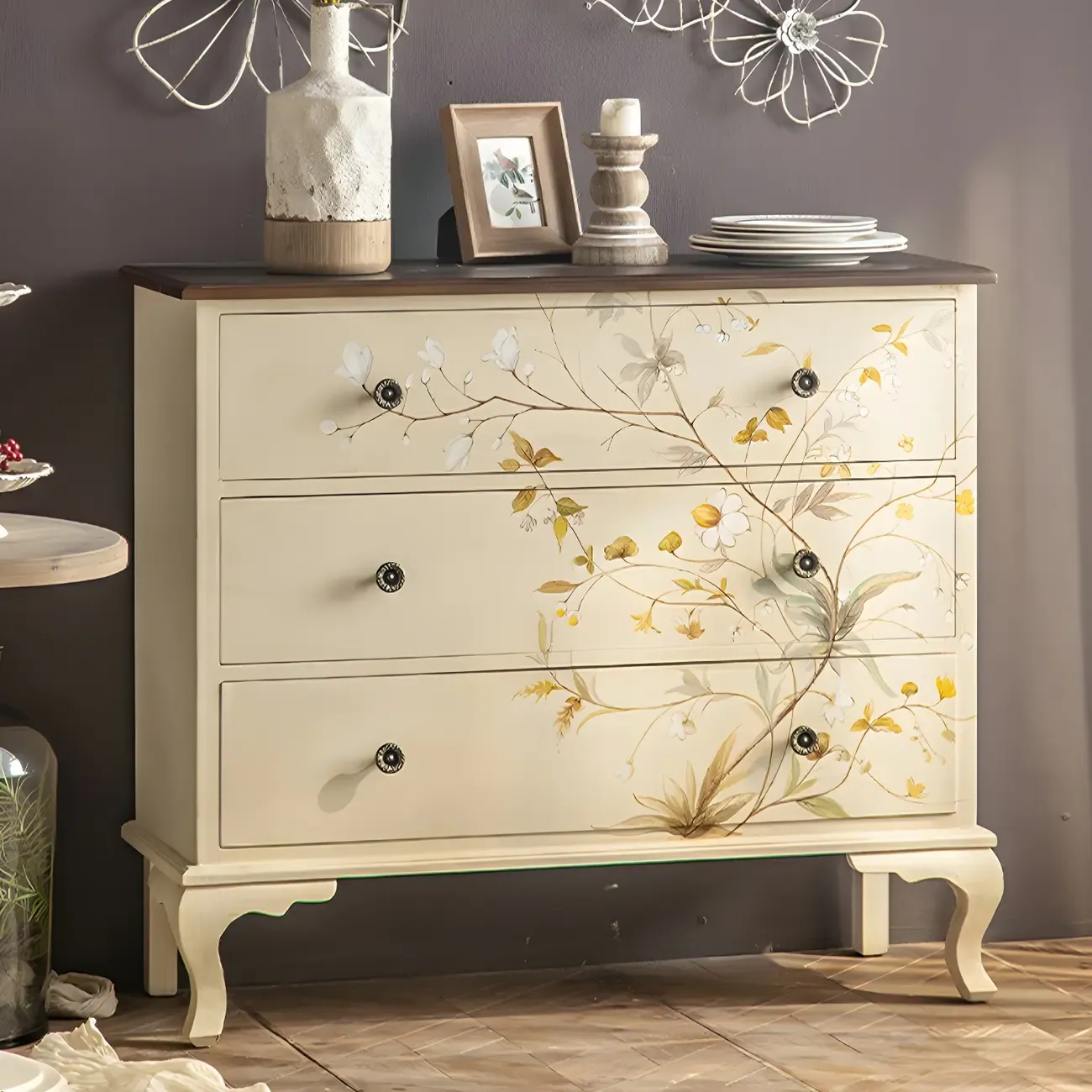 Traditional Floral Wooden Dresser with Drawers for Bedroom Image - 1