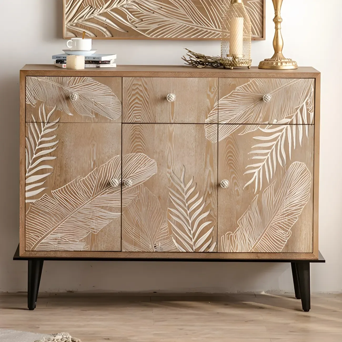 Traditional Floral Wooden Dresser with Drawers for Bedroom Image - 3