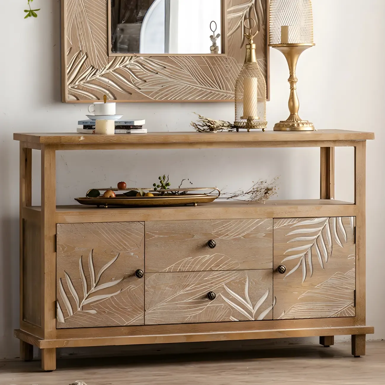 Traditional Floral Wooden Dresser with Drawers for Bedroom Image - 4