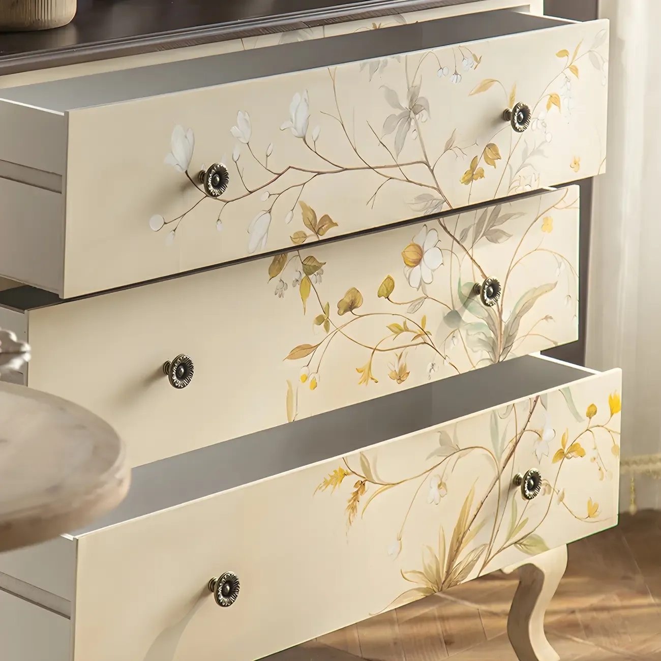 Traditional Floral Wooden Dresser with Drawers for Bedroom Image - 6