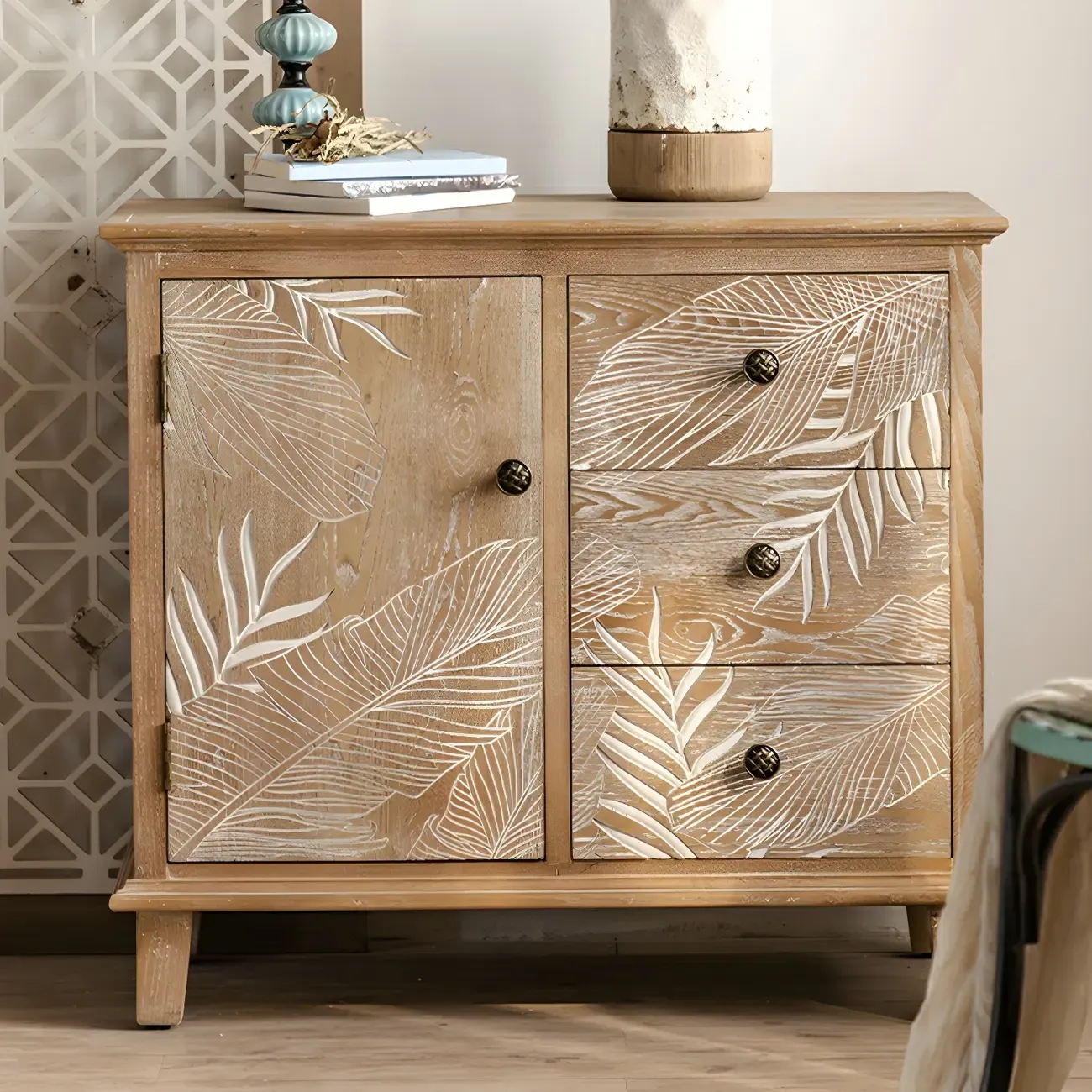 Traditional Floral Wooden Dresser with Drawers for Bedroom Image - 10