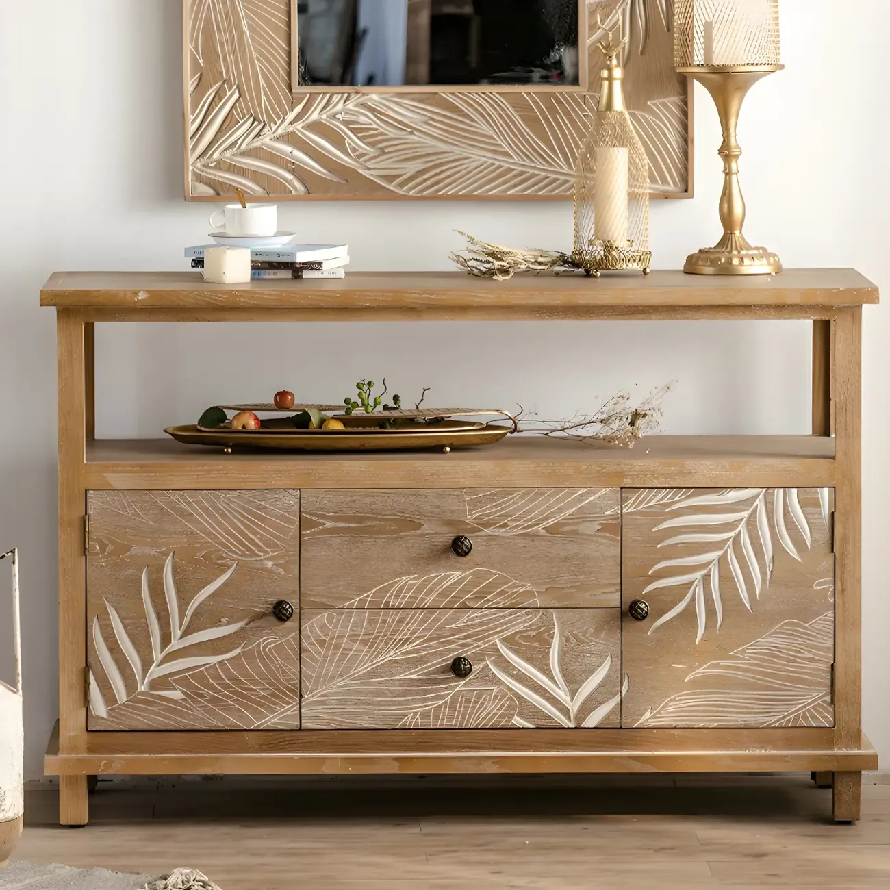 Traditional Floral Wooden Dresser with Drawers for Bedroom Image - 13