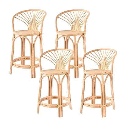 Comtemporary Wood Rattan Back Bar Stools with Footrest Image - 5