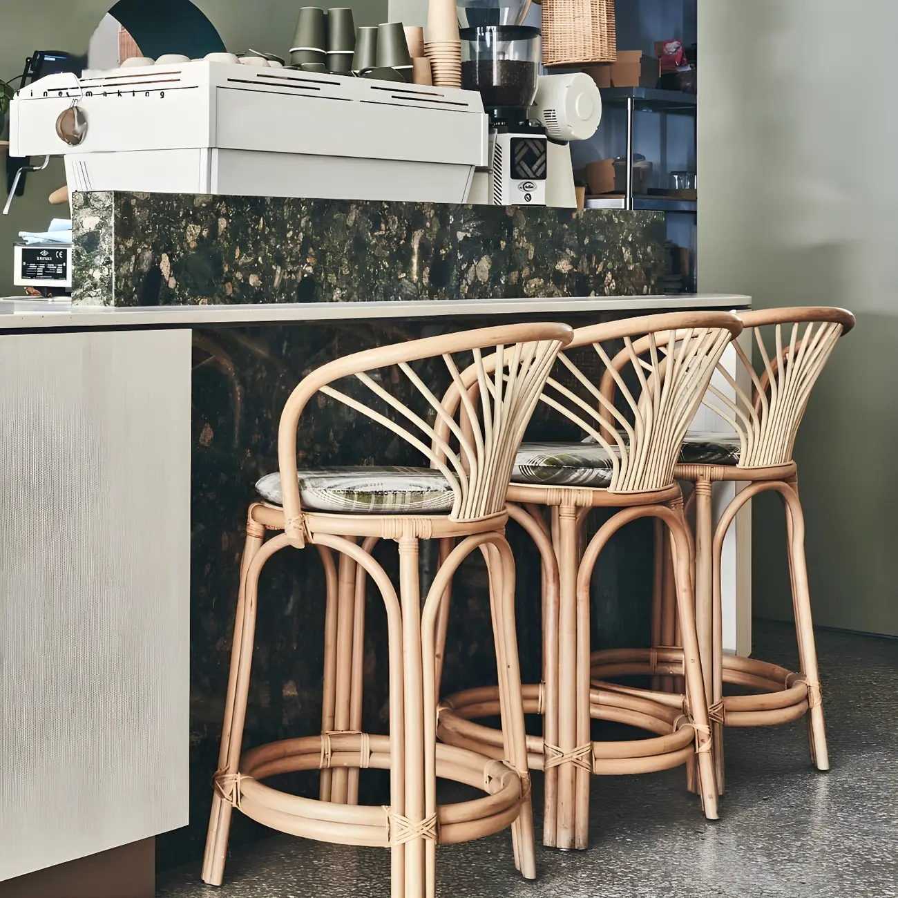 Comtemporary Wood Rattan Back Bar Stools with Footrest Image - 3 | homeyfad