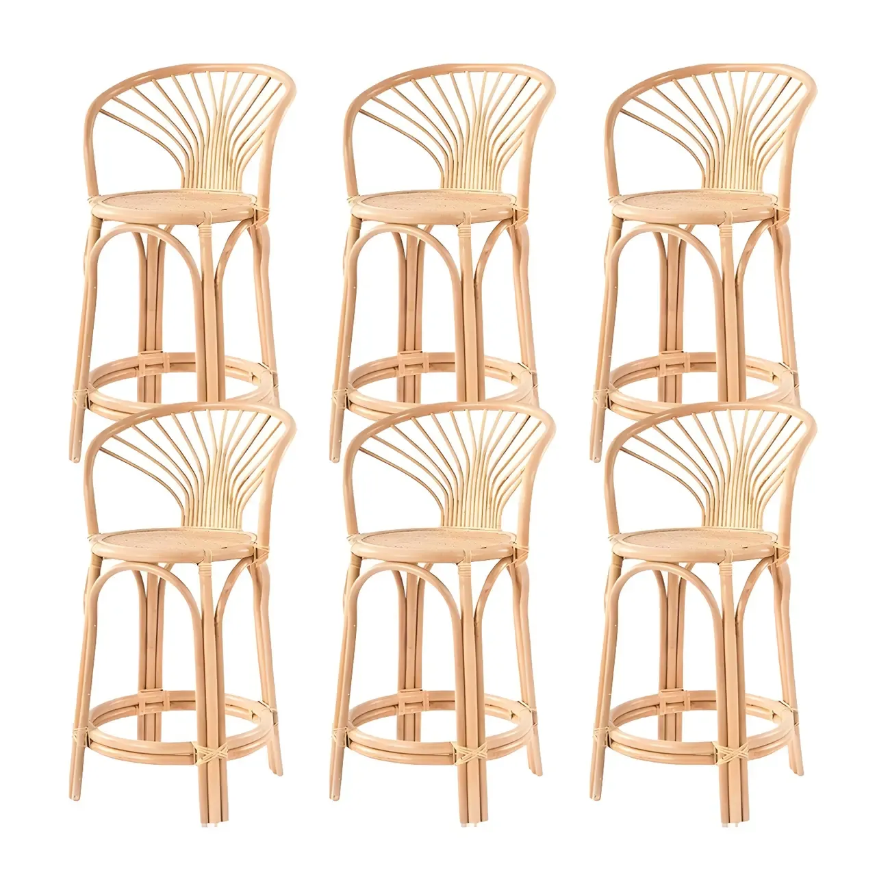 Comtemporary Wood Rattan Back Bar Stools with Footrest Image - 6