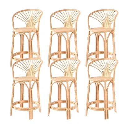 Comtemporary Wood Rattan Back Bar Stools with Footrest Image - 6