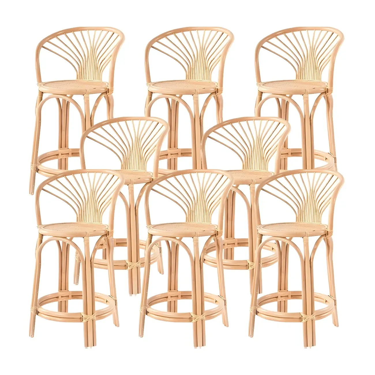Comtemporary Wood Rattan Back Bar Stools with Footrest Image - 7