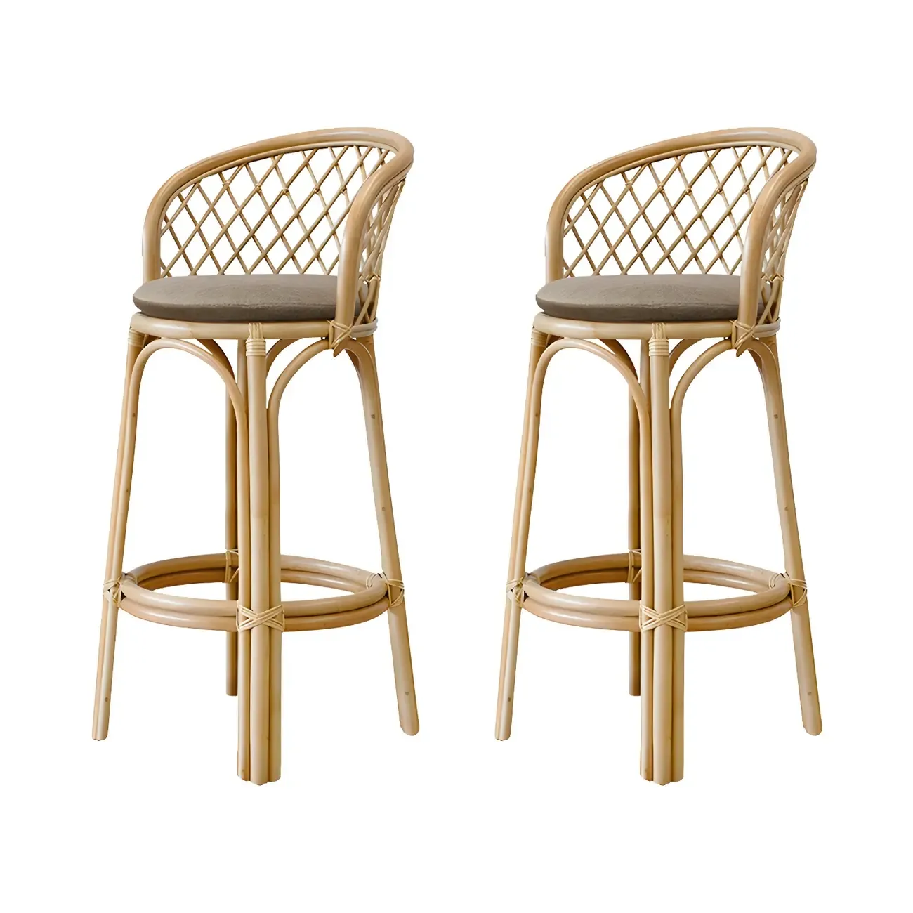 Comtemporary Wood Rattan Back Bar Stools with Footrest Image - 11