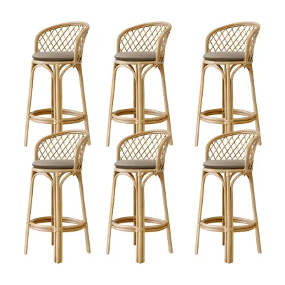 Comtemporary Wood Rattan Back Bar Stools with Footrest Image - 14
