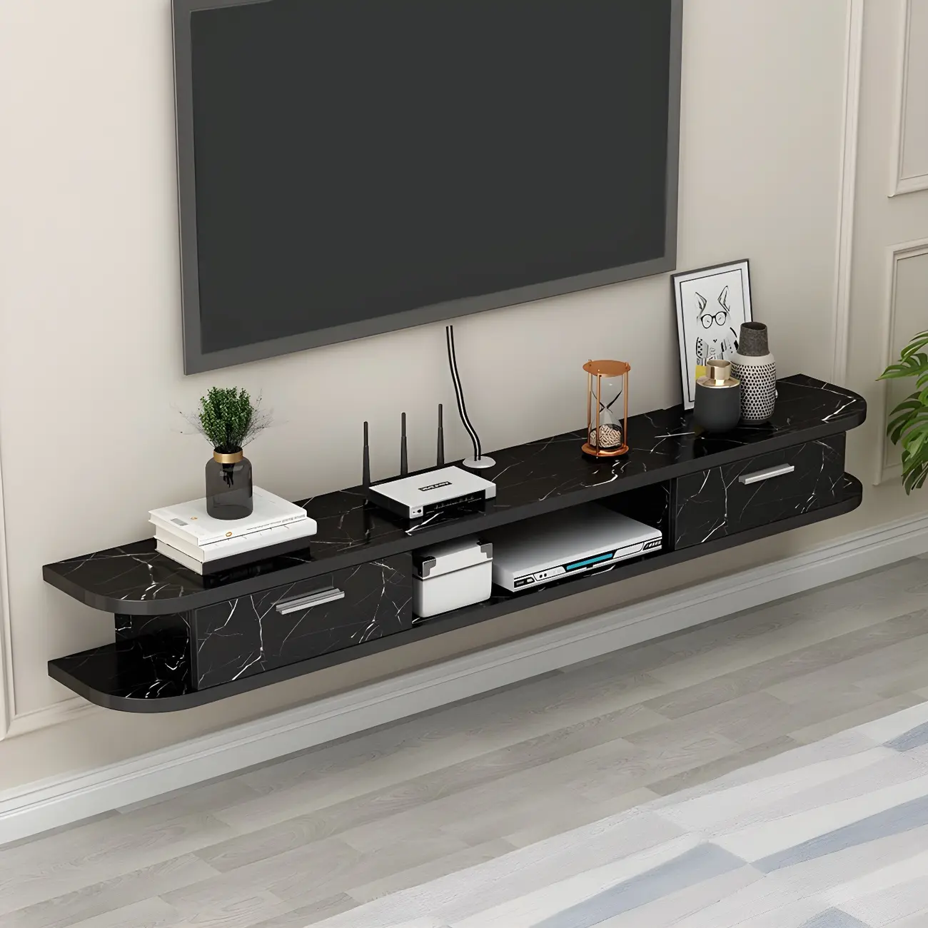 Contemporary Floating Wood Open Storage TV Stand Black Image - 1 | homeyfad