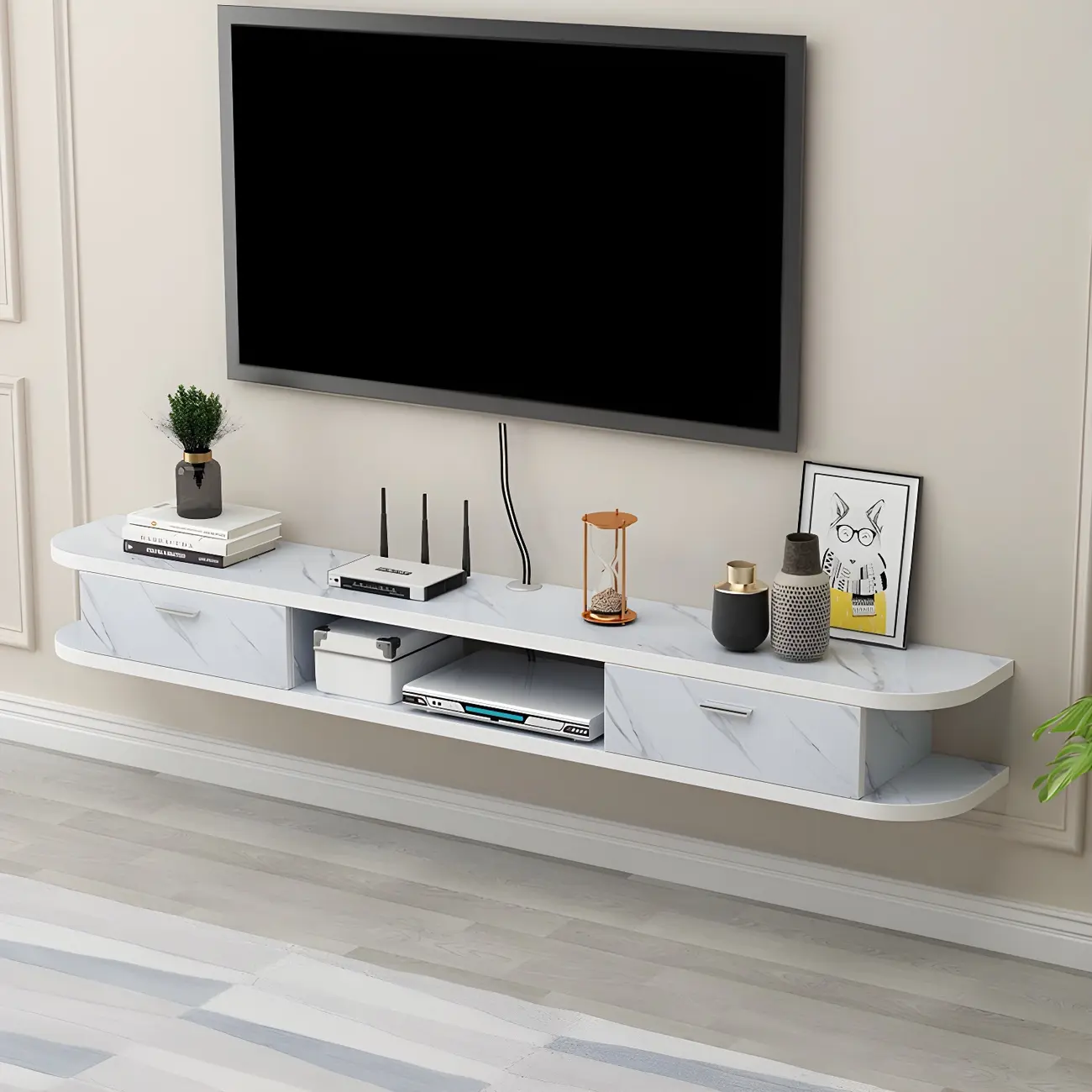 Contemporary Floating Wood Open Storage TV Stand Black Image - 2 | homeyfad