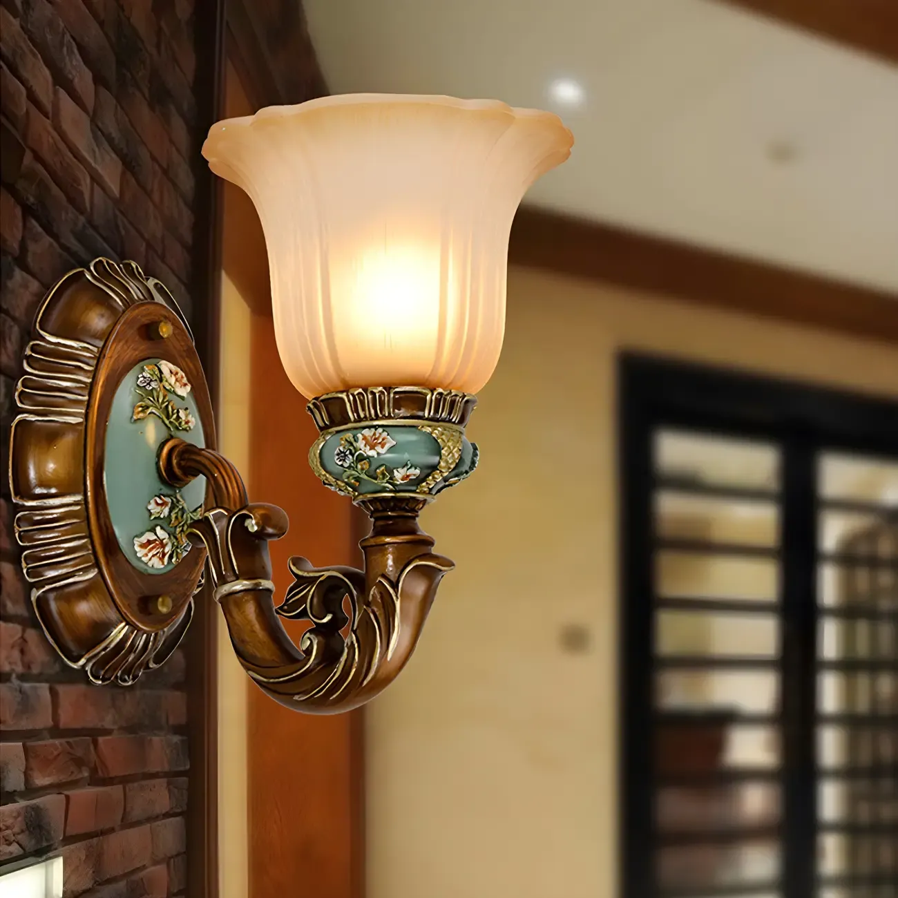 Vintage Glass Shade Peacock Green Wall Sconce Image - 1