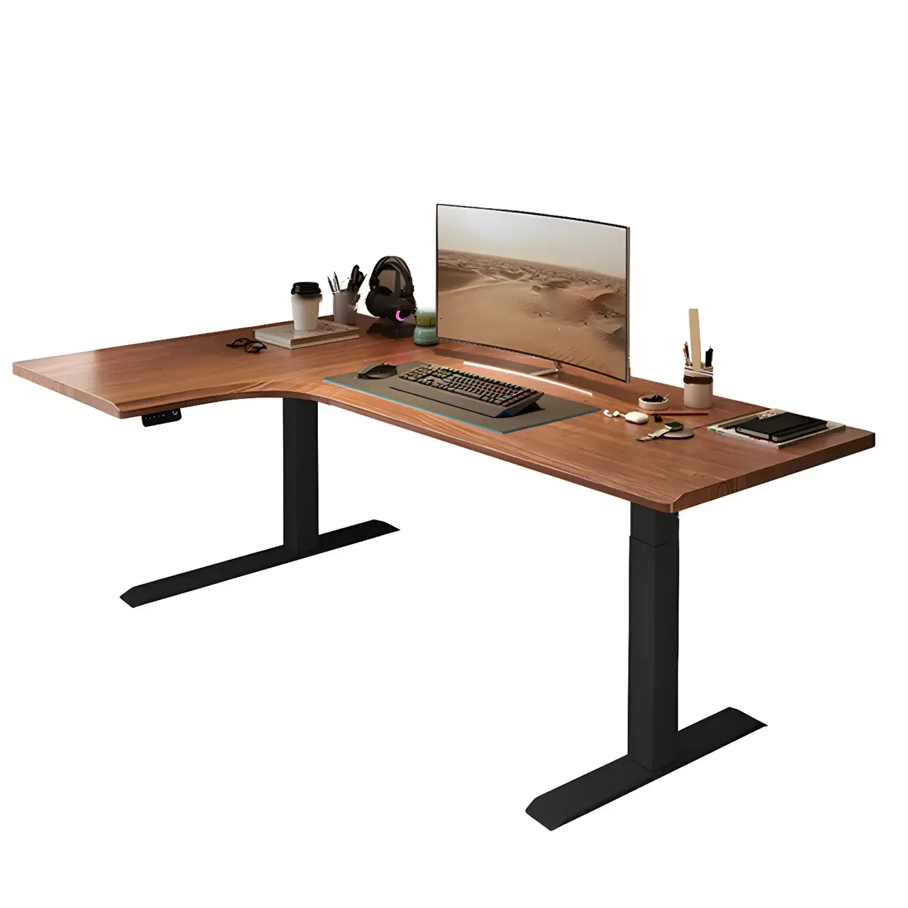 Traditional Wooden L-Shaped Adjustable Height Desk for Office Image - 4