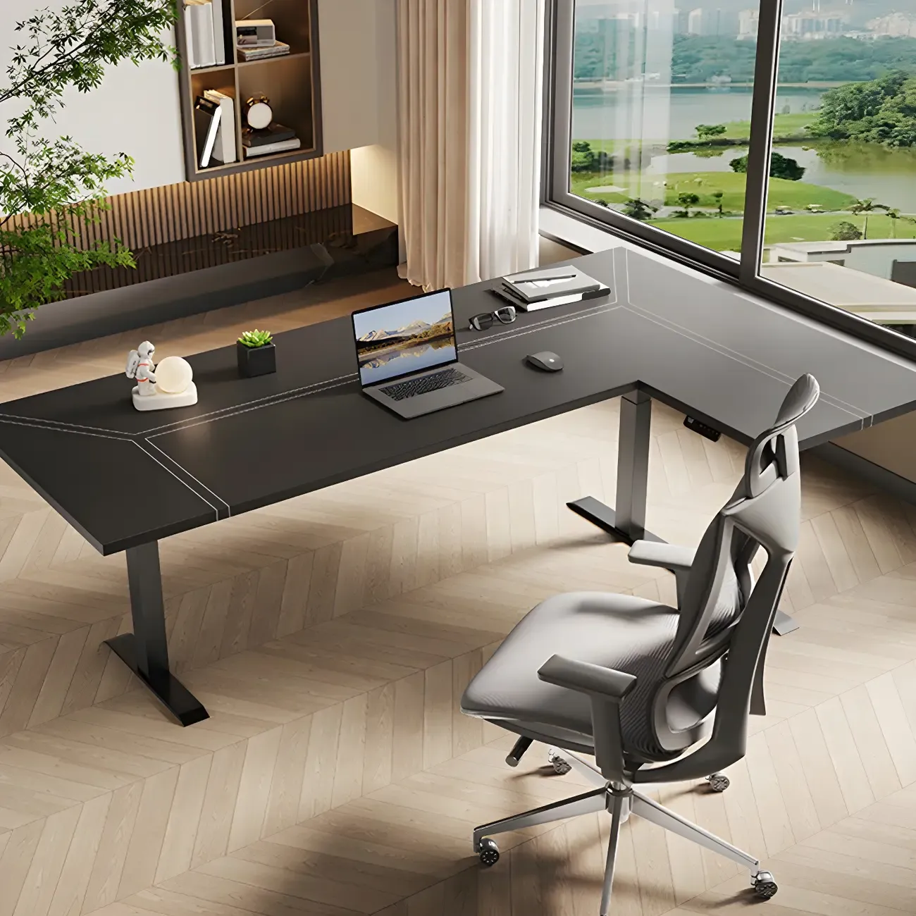 Traditional Wooden L-Shaped Adjustable Height Desk for Office Image - 1