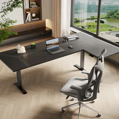 Traditional Wooden L-Shaped Adjustable Height Desk for Office Image - 1