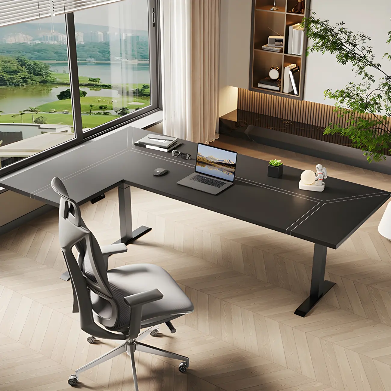 Traditional Wooden L-Shaped Adjustable Height Desk for Office Image - 7 | homeyfad