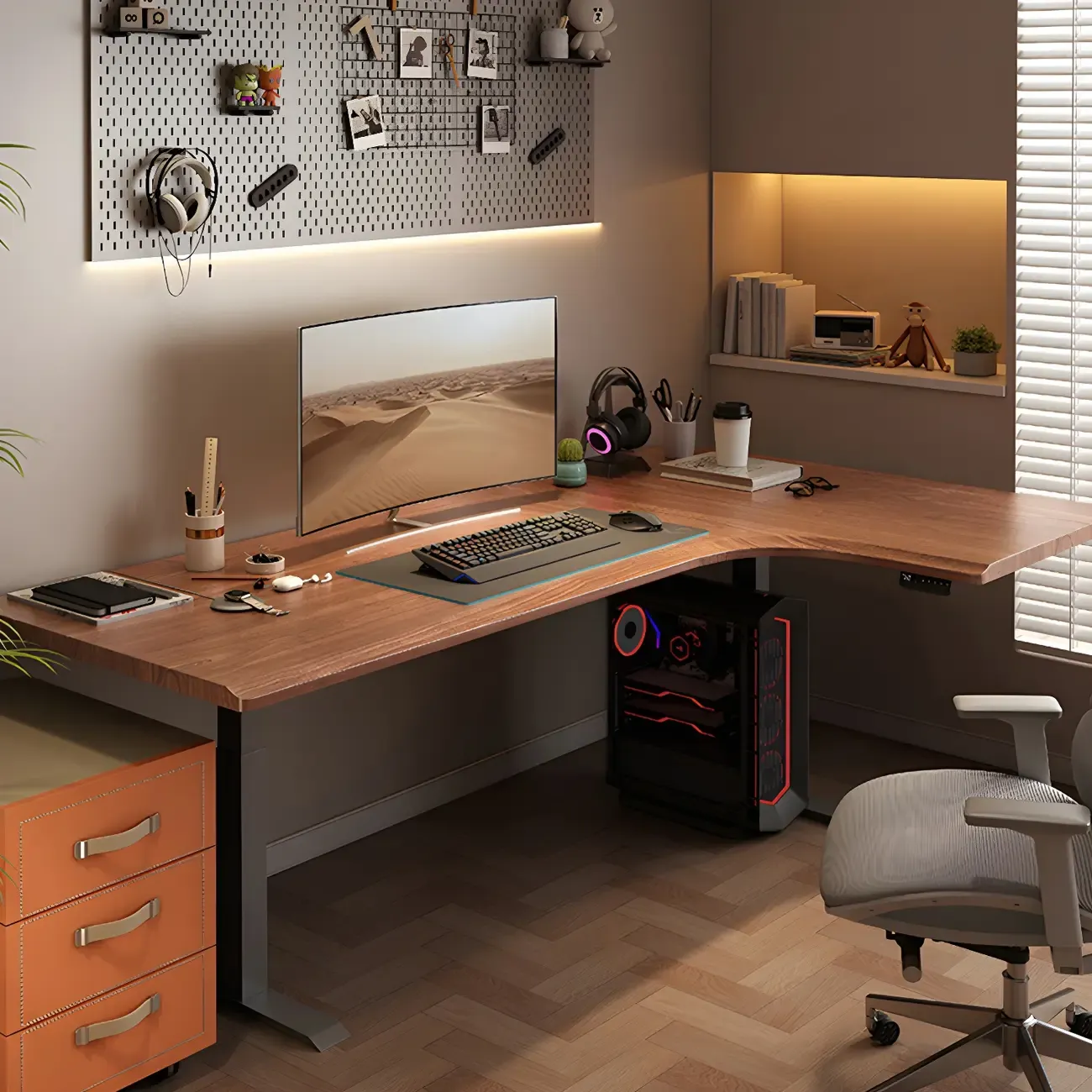 Traditional Wooden L-Shaped Adjustable Height Desk for Office Image - 14