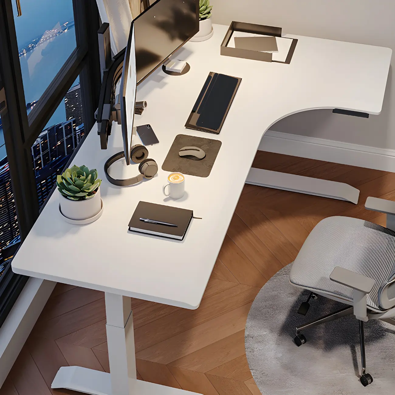 Traditional Wooden L-Shaped Adjustable Height Desk for Office Image - 15 | homeyfad