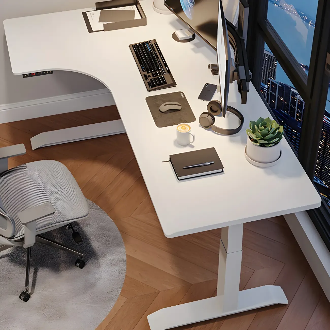 Traditional Wooden L-Shaped Adjustable Height Desk for Office Image - 16