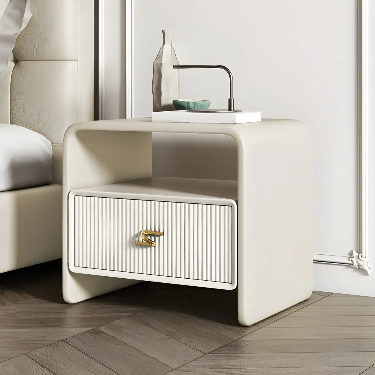 Morandi Narrow Open Back Leather Wood Nightstand Image - 1