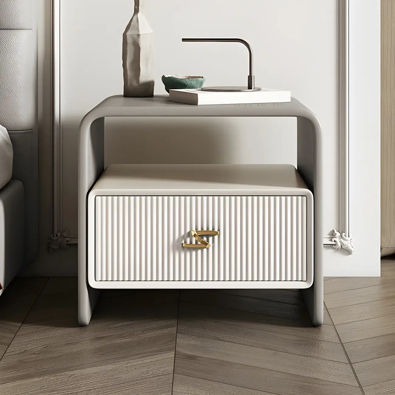 Morandi Narrow Open Back Leather Wood Nightstand Image - 3