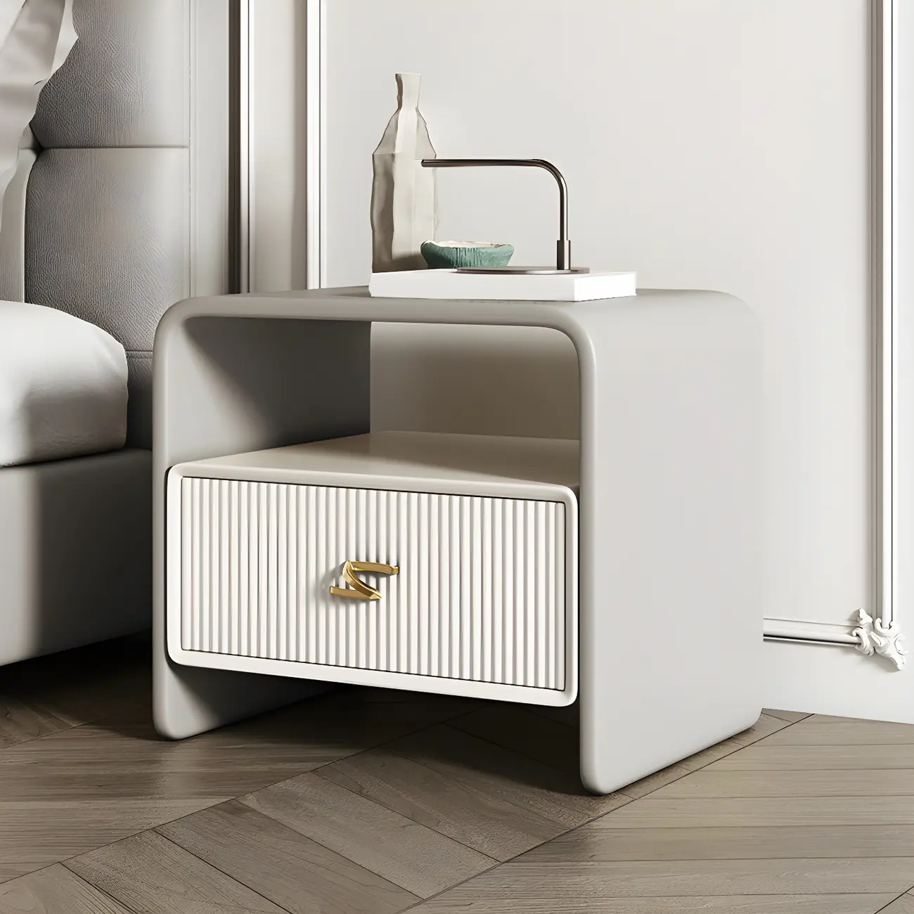 Morandi Narrow Open Back Leather Wood Nightstand Image - 5 | homeyfad