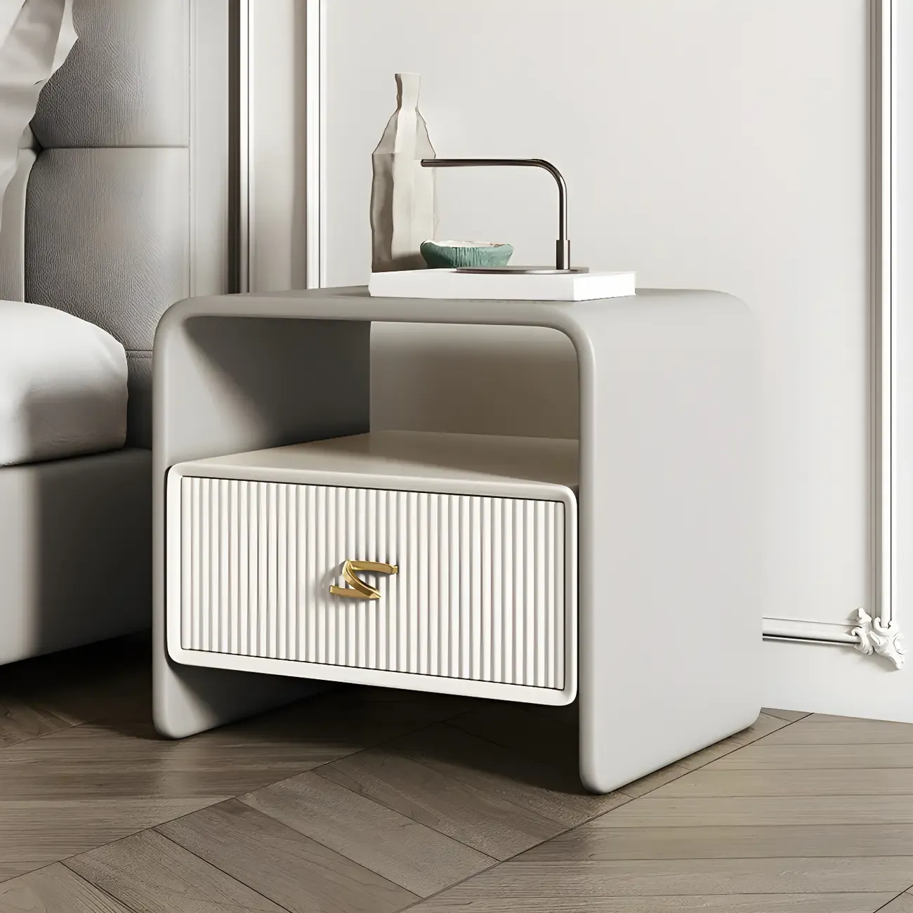 Morandi Narrow Open Back Leather Wood Nightstand Image - 5