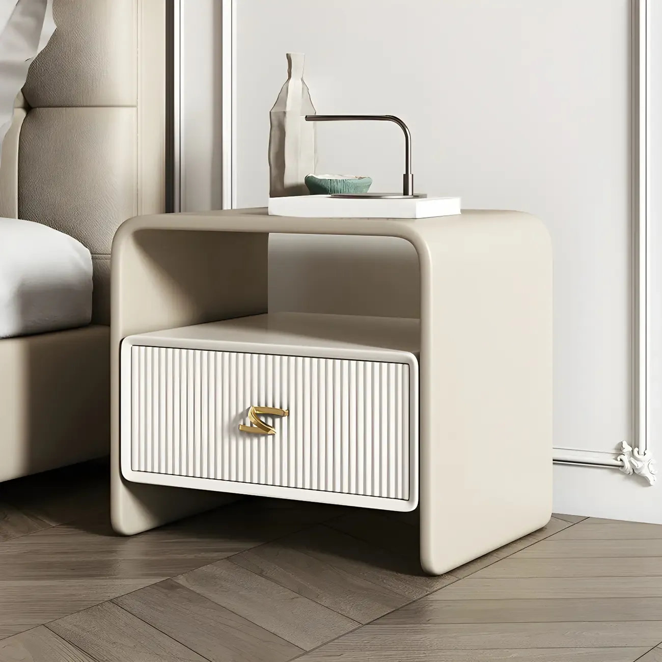 Morandi Narrow Open Back Leather Wood Nightstand Image - 6