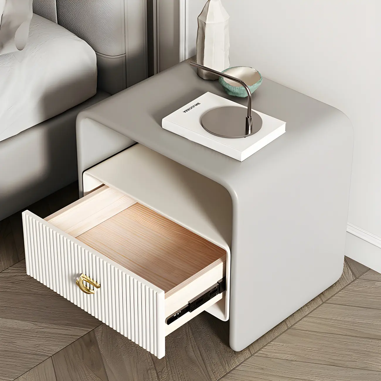 Morandi Narrow Open Back Leather Wood Nightstand Image - 2 | homeyfad