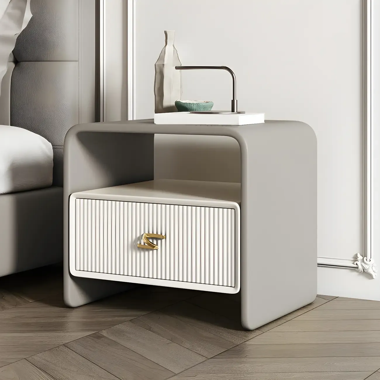 Morandi Narrow Open Back Leather Wood Nightstand | HomeyFad