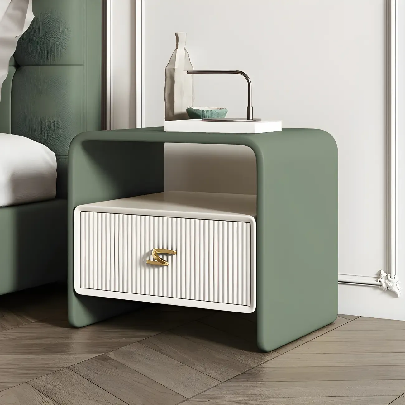 Morandi Narrow Open Back Leather Wood Nightstand Image - 12